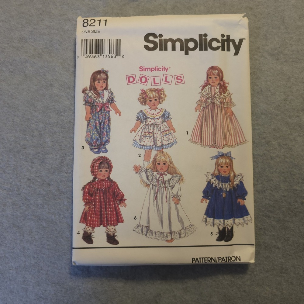 Simplicity 8211 Sewing Pattern Doll Clothes Dresses Outfits One Size Vintage